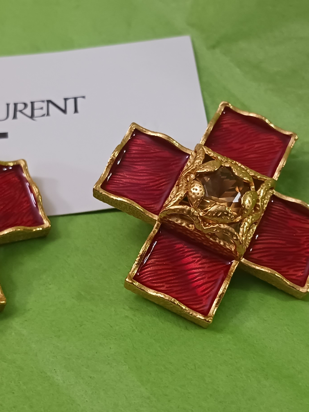 Red and Gold Statement Cross Earrings by Saint Laurent Clip Ons Made In FRANCE - Picture 8 of 13
